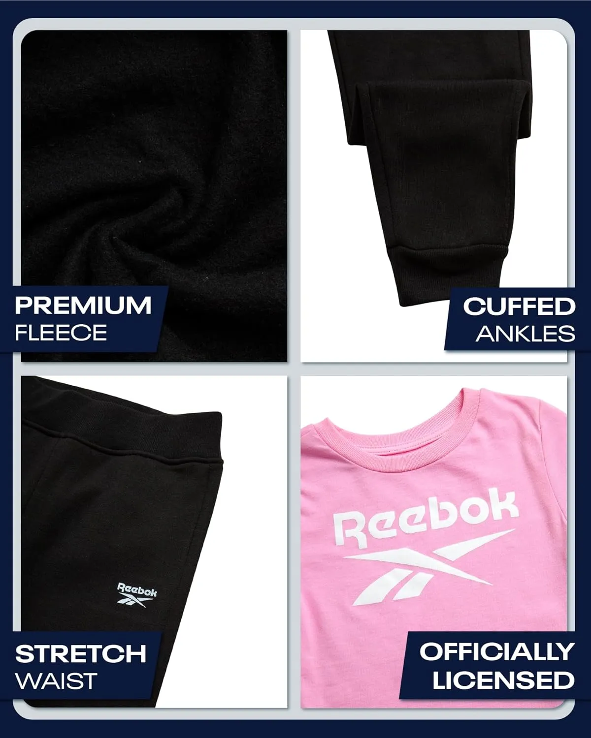 Reebok Baby Girls' Pants Set - 3 Piece Fleece Lined Sweatshirt, Graphic Tee and Jogger Pants for Infant and Toddler (12M-6X)