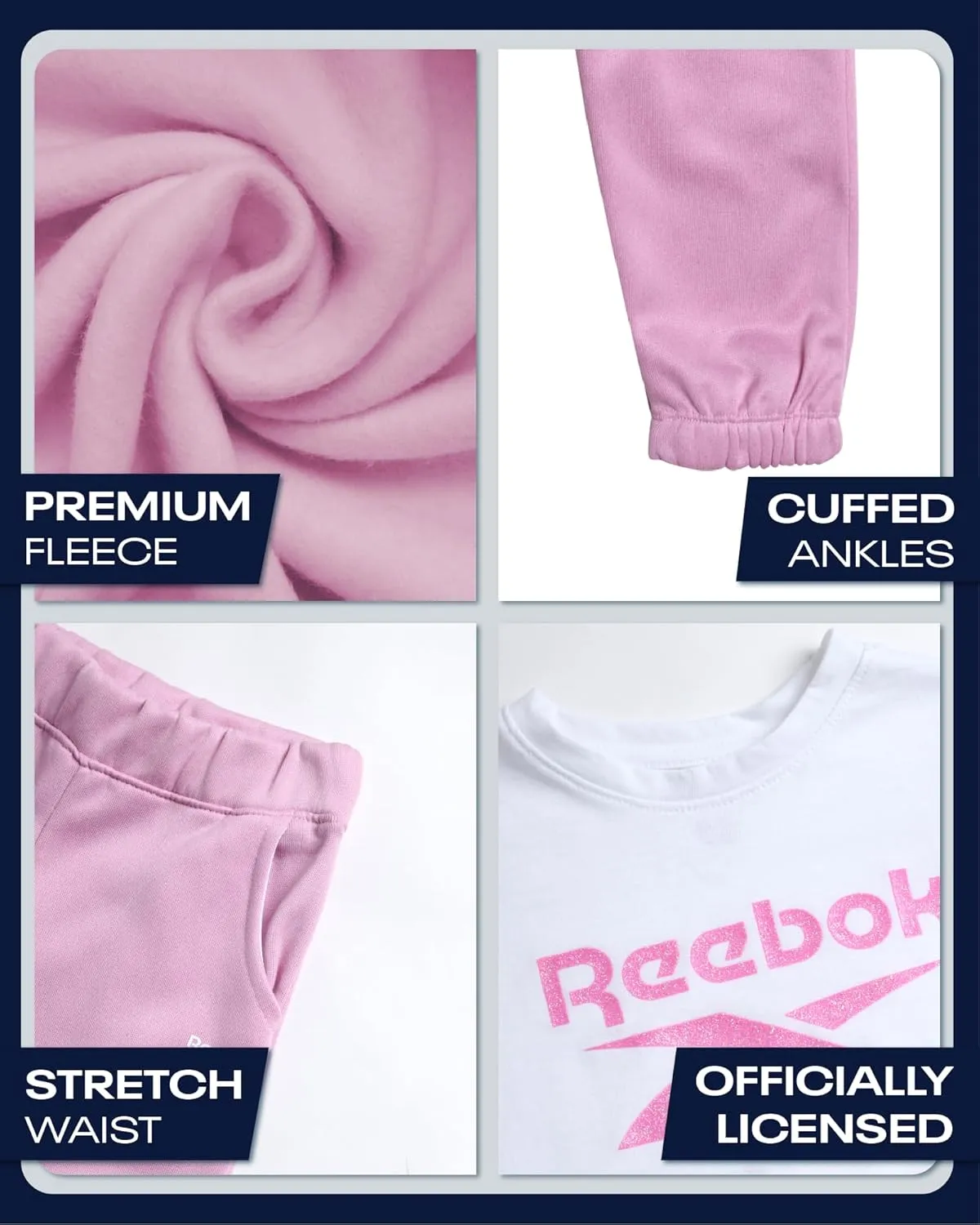 Reebok Baby Girls' Pants Set - 3 Piece Fleece Lined Sweatshirt, Graphic Tee and Jogger Pants for Infant and Toddler (12M-6X)