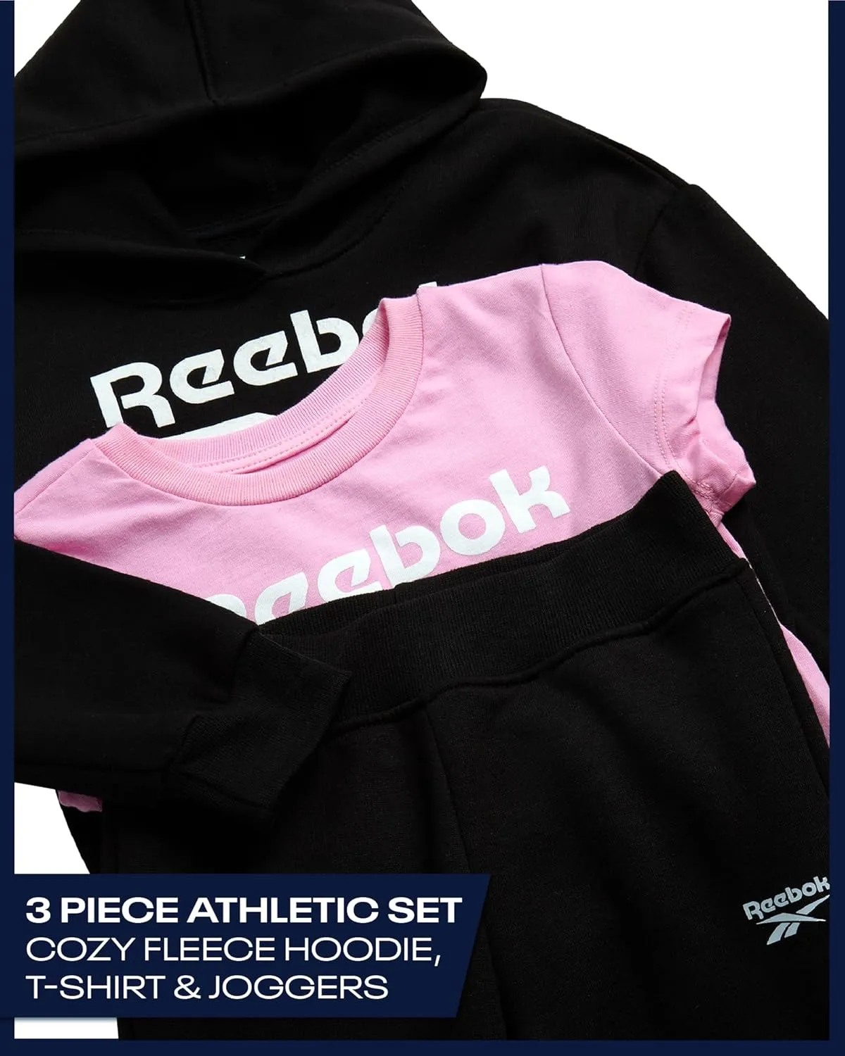Reebok Baby Girls' Pants Set - 3 Piece Fleece Lined Sweatshirt, Graphic Tee and Jogger Pants for Infant and Toddler (12M-6X)