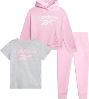 Reebok Baby Girls' Pants Set - 3 Piece Fleece Lined Sweatshirt, Graphic Tee and Jogger Pants for Infant and Toddler (12M-6X)