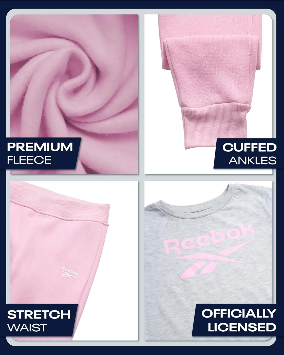 Reebok Baby Girls' Pants Set - 3 Piece Fleece Lined Sweatshirt, Graphic Tee and Jogger Pants for Infant and Toddler (12M-6X)