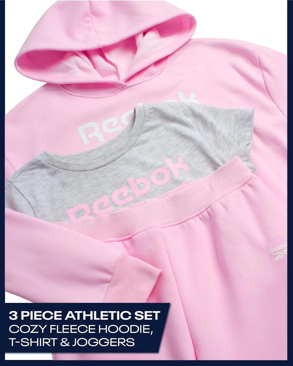 Reebok Baby Girls' Pants Set - 3 Piece Fleece Lined Sweatshirt, Graphic Tee and Jogger Pants for Infant and Toddler (12M-6X)