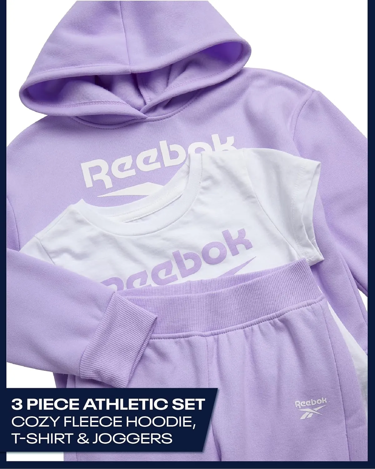 Reebok Baby Girls' Pants Set - 3 Piece Fleece Lined Sweatshirt, Graphic Tee and Jogger Pants for Infant and Toddler (12M-6X)