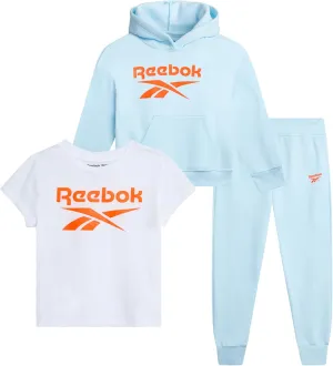 Reebok Baby Girls' Pants Set - 3 Piece Fleece Lined Sweatshirt, Graphic Tee and Jogger Pants for Infant and Toddler (12M-6X)