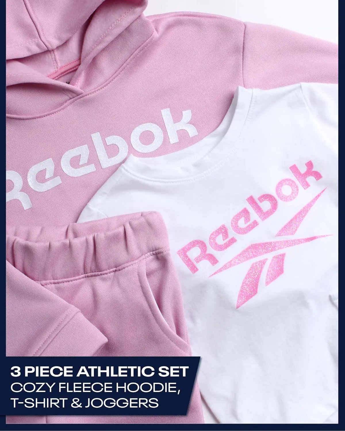 Reebok Baby Girls' Pants Set - 3 Piece Fleece Lined Sweatshirt, Graphic Tee and Jogger Pants for Infant and Toddler (12M-6X)
