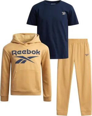 Reebok Boys' Sweatsuit Set - 3 Piece Pullover Hoodie Sweatshirt, Jogger Sweatpants, and T-Shirt - Activewear Pants Set (8-14)