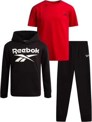 Reebok Boys' Sweatsuit Set - 3 Piece Pullover Hoodie Sweatshirt, Jogger Sweatpants, and T-Shirt - Activewear Pants Set (8-14)