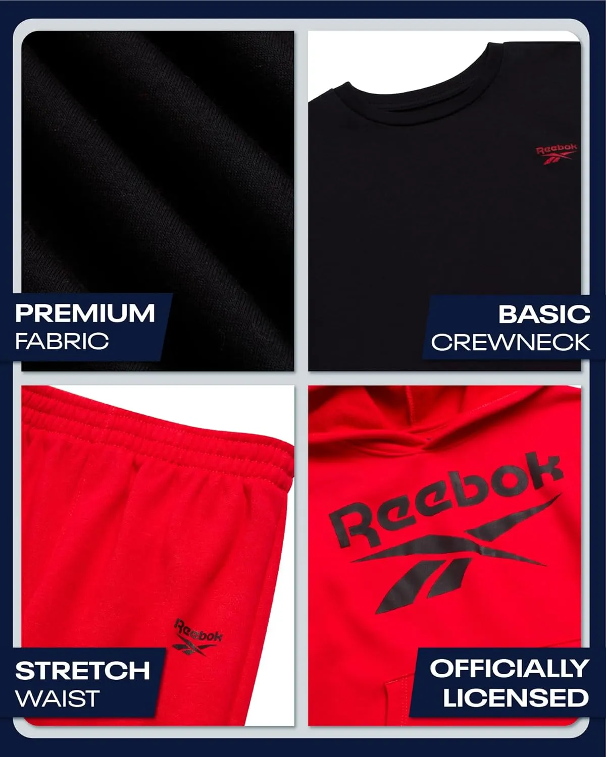 Reebok Boys' Sweatsuit Set - 3 Piece Pullover Hoodie Sweatshirt, Jogger Sweatpants, and T-Shirt - Activewear Pants Set (8-14)