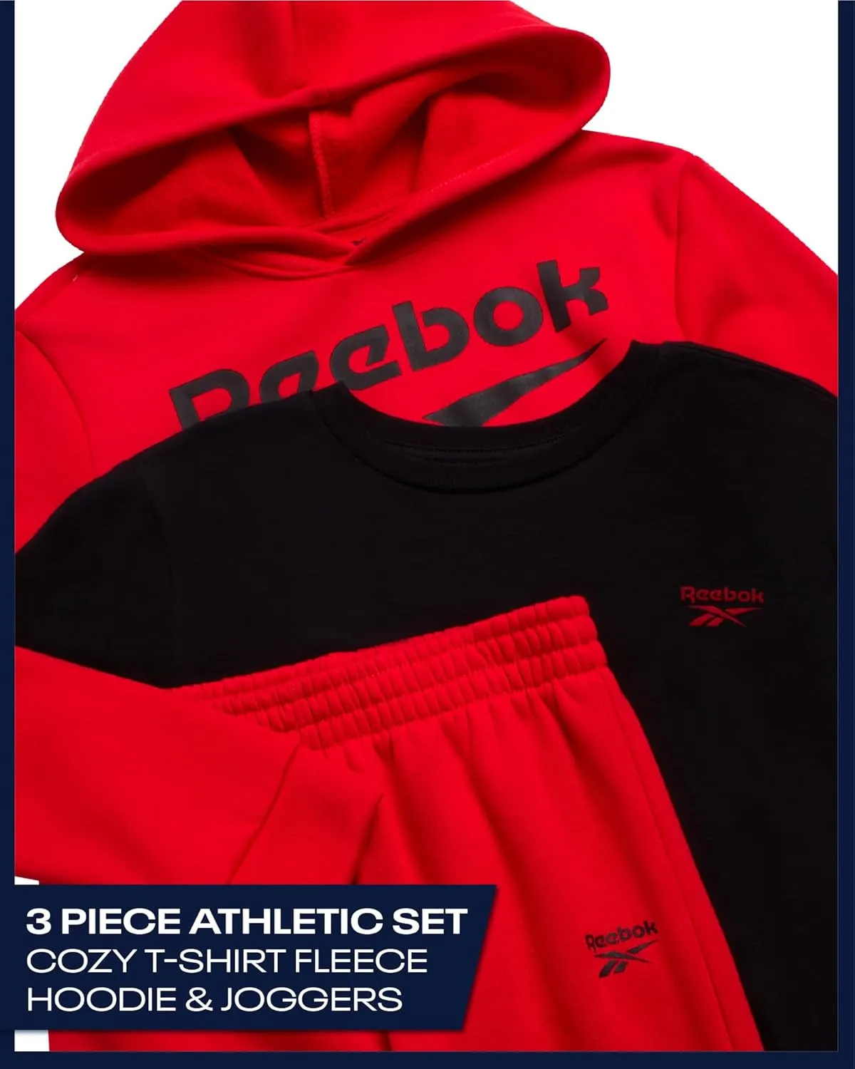 Reebok Boys' Sweatsuit Set - 3 Piece Pullover Hoodie Sweatshirt, Jogger Sweatpants, and T-Shirt - Activewear Pants Set (8-14)