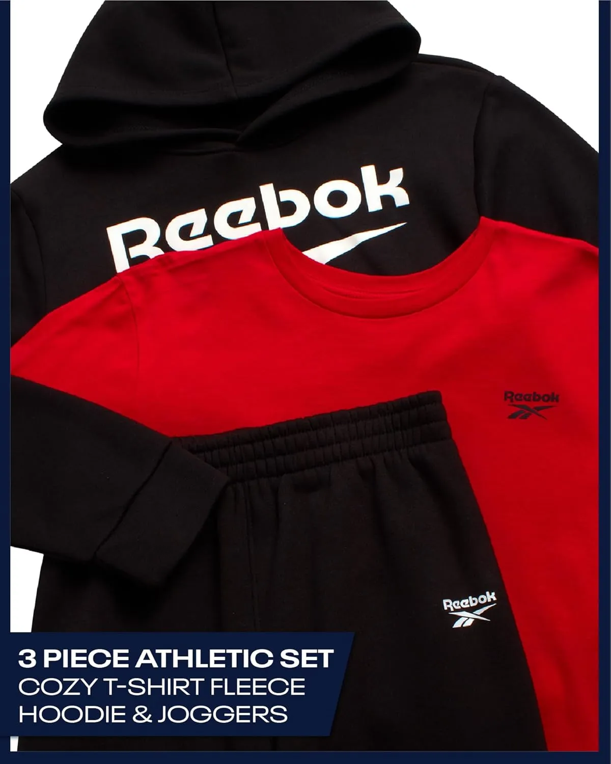 Reebok Boys' Sweatsuit Set - 3 Piece Pullover Hoodie Sweatshirt, Jogger Sweatpants, and T-Shirt - Activewear Pants Set (8-14)
