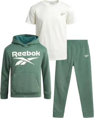 Reebok Boys' Sweatsuit Set - 3 Piece Pullover Hoodie Sweatshirt, Jogger Sweatpants, and T-Shirt - Activewear Pants Set (8-14)