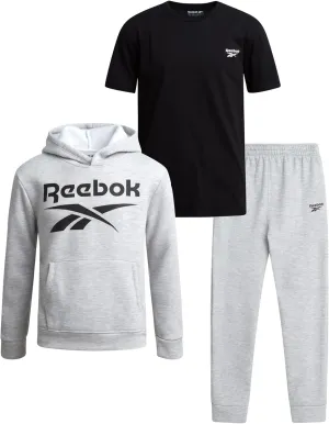 Reebok Boys' Sweatsuit Set - 3 Piece Pullover Hoodie Sweatshirt, Jogger Sweatpants, and T-Shirt - Activewear Pants Set (8-14)