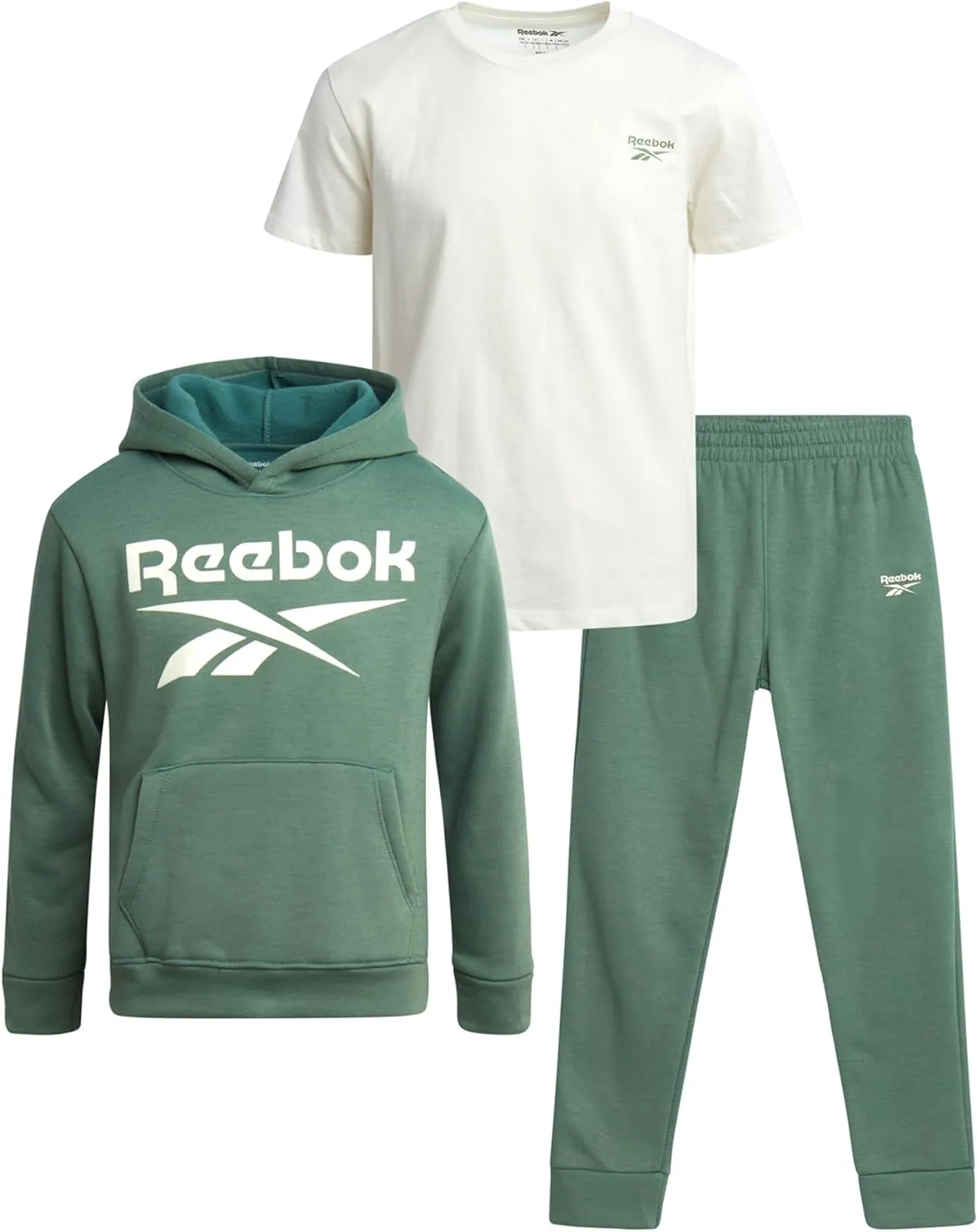 Reebok Boys' Sweatsuit Set - 3 Piece Pullover Hoodie Sweatshirt, Jogger Sweatpants, and T-Shirt - Activewear Pants Set (8-14)