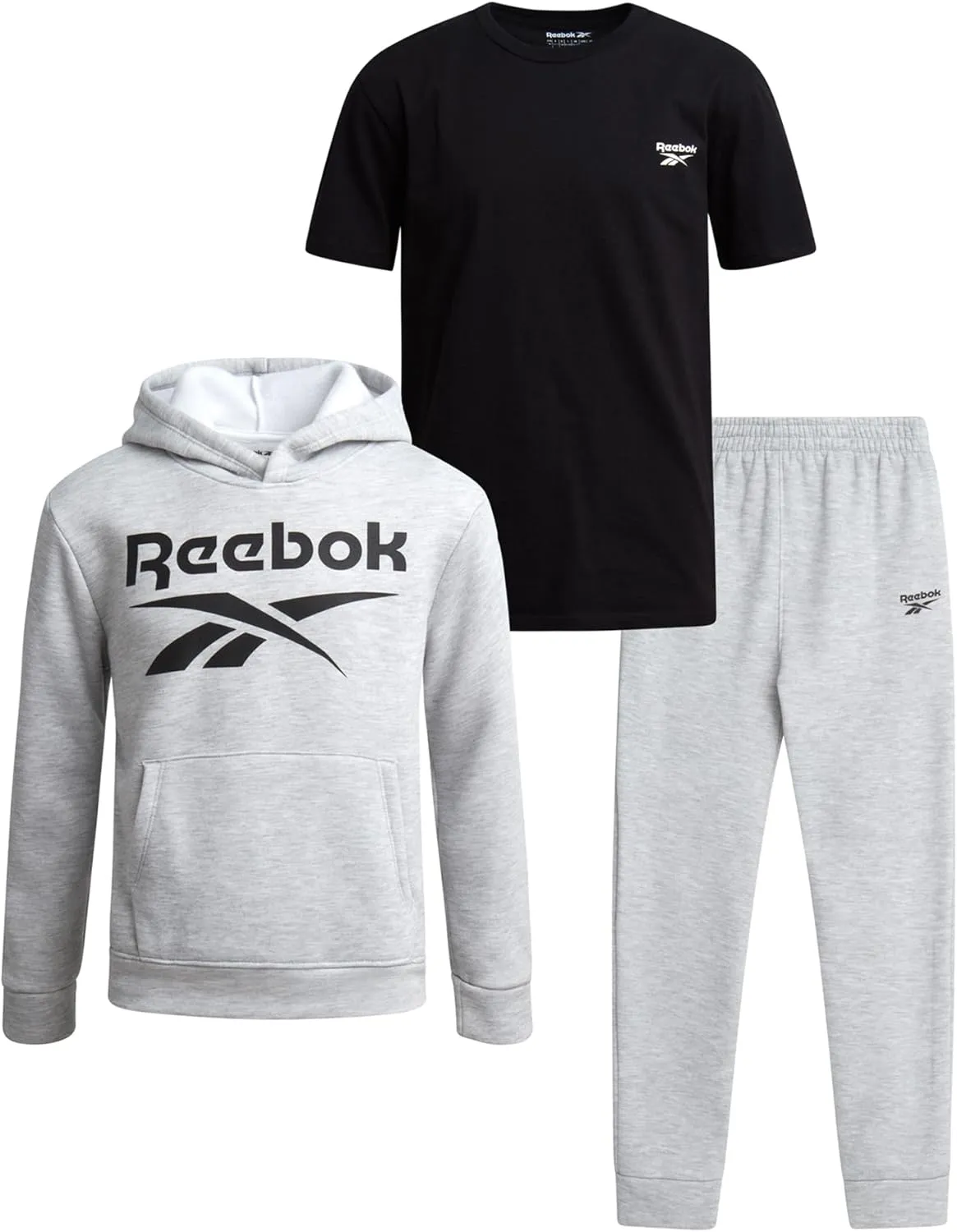 Reebok Boys' Sweatsuit Set - 3 Piece Pullover Hoodie Sweatshirt, Jogger Sweatpants, and T-Shirt - Activewear Pants Set (8-14)