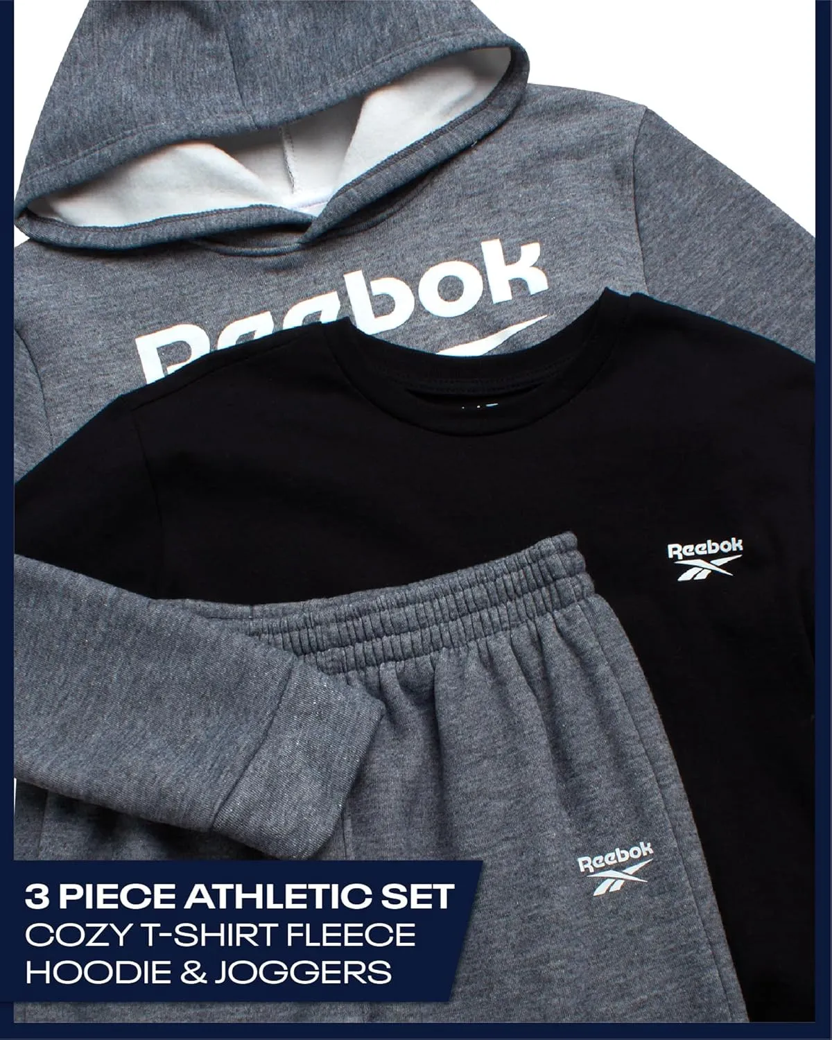 Reebok Boys' Sweatsuit Set - 3 Piece Pullover Hoodie Sweatshirt, Jogger Sweatpants, and T-Shirt - Activewear Pants Set (8-14)