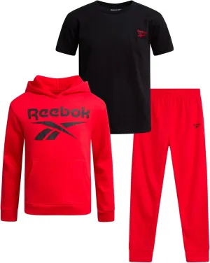 Reebok Boys' Sweatsuit Set - 3 Piece Pullover Hoodie Sweatshirt, Jogger Sweatpants, and T-Shirt - Activewear Pants Set (8-14)