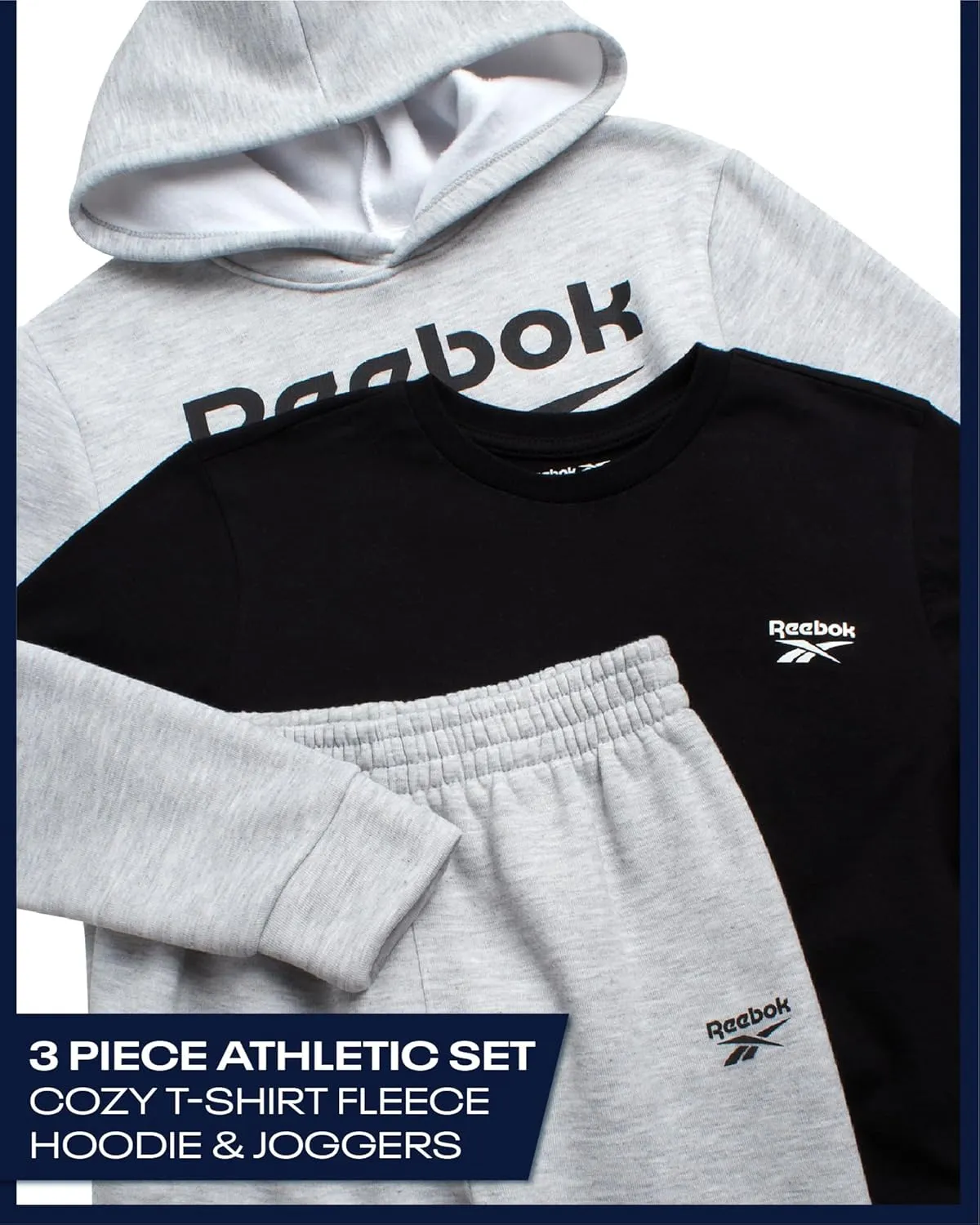 Reebok Boys' Sweatsuit Set - 3 Piece Pullover Hoodie Sweatshirt, Jogger Sweatpants, and T-Shirt - Activewear Pants Set (8-14)