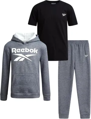 Reebok Boys' Sweatsuit Set - 3 Piece Pullover Hoodie Sweatshirt, Jogger Sweatpants, and T-Shirt - Activewear Pants Set (8-14)