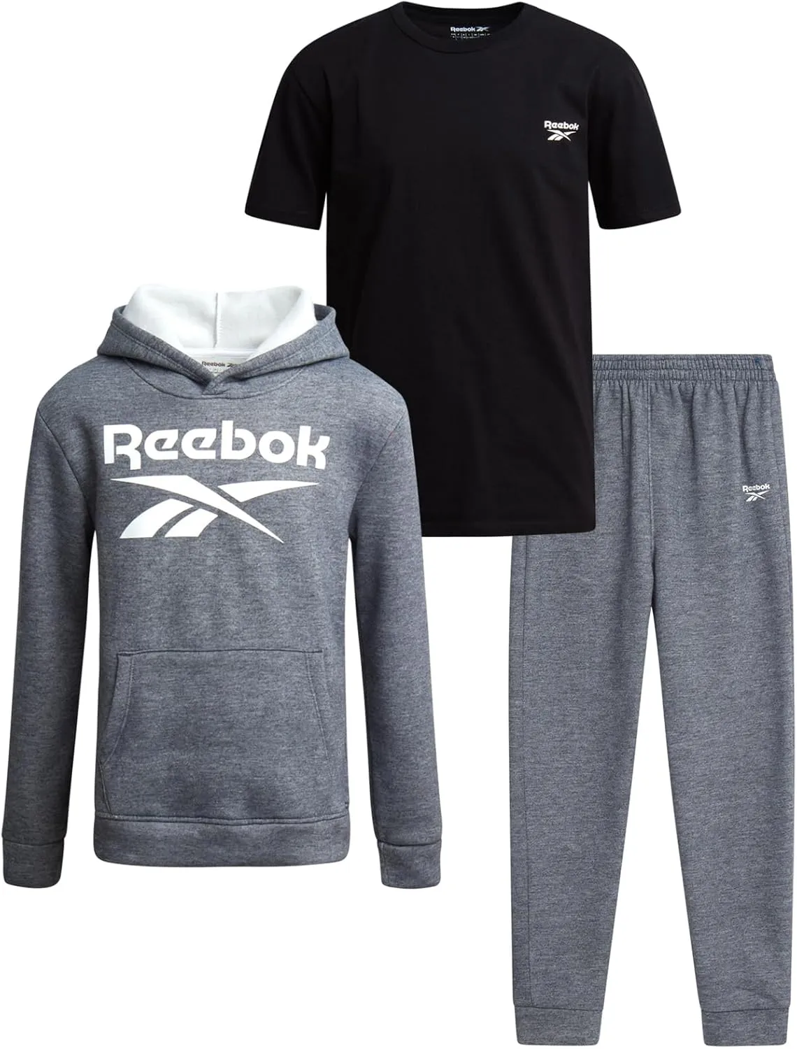 Reebok Boys' Sweatsuit Set - 3 Piece Pullover Hoodie Sweatshirt, Jogger Sweatpants, and T-Shirt - Activewear Pants Set (8-14)