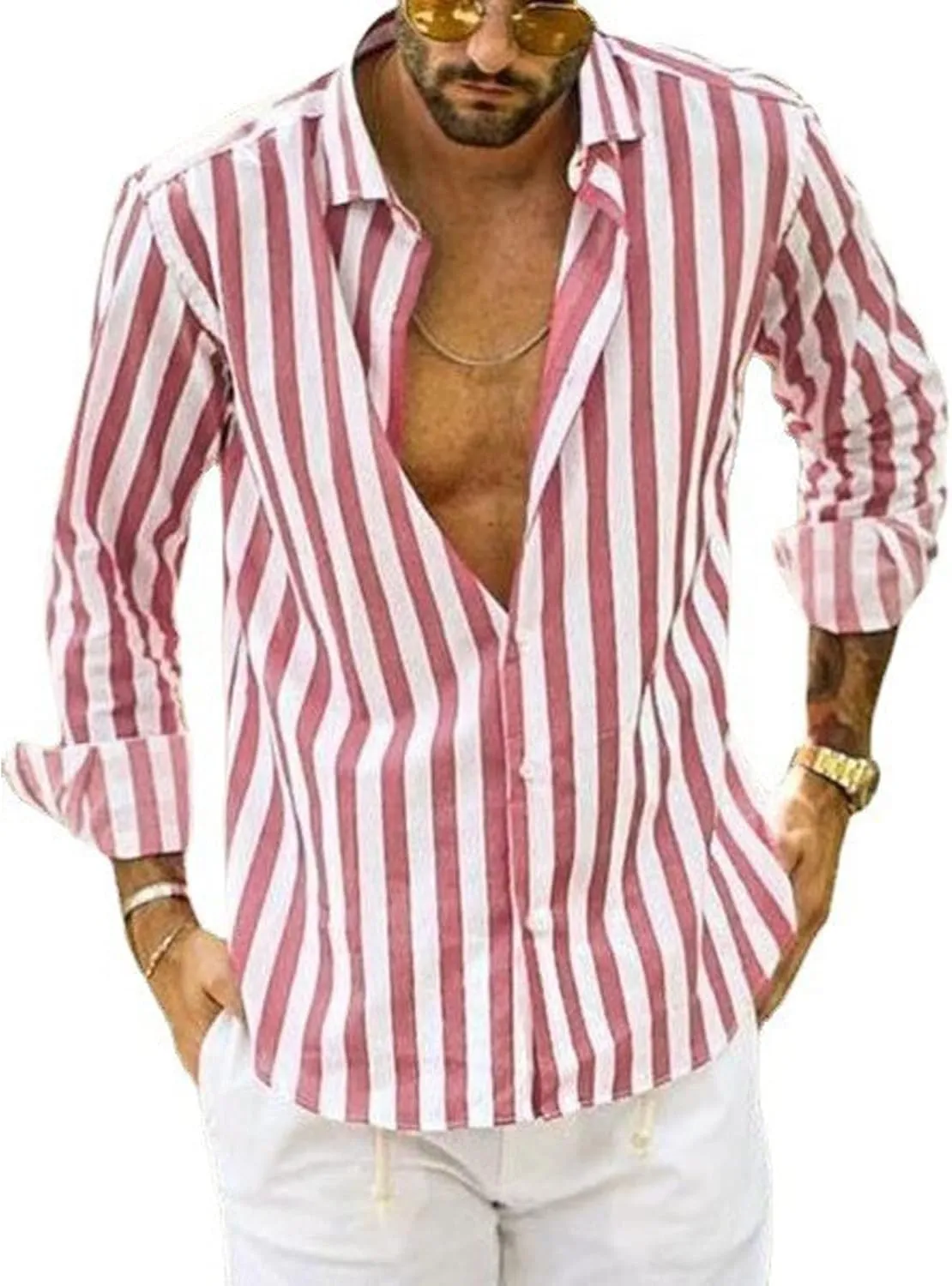 Rela Bota Mens Fashion Striped Shirts Beach Casual Button Down Henley Shirts Long Sleeve Dress Shirts Cotton Shirts