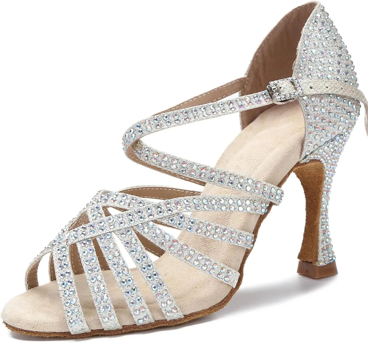 Rhinestone Latin Dance Shoes - Ballroom Sneakers with 9CM (3.54") Heels for Girls, Salsa, Tango, Party
