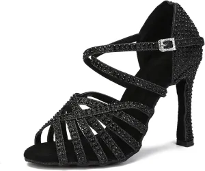 Rhinestone Latin Dance Shoes - Ballroom Sneakers with 9CM (3.54") Heels for Girls, Salsa, Tango, Party