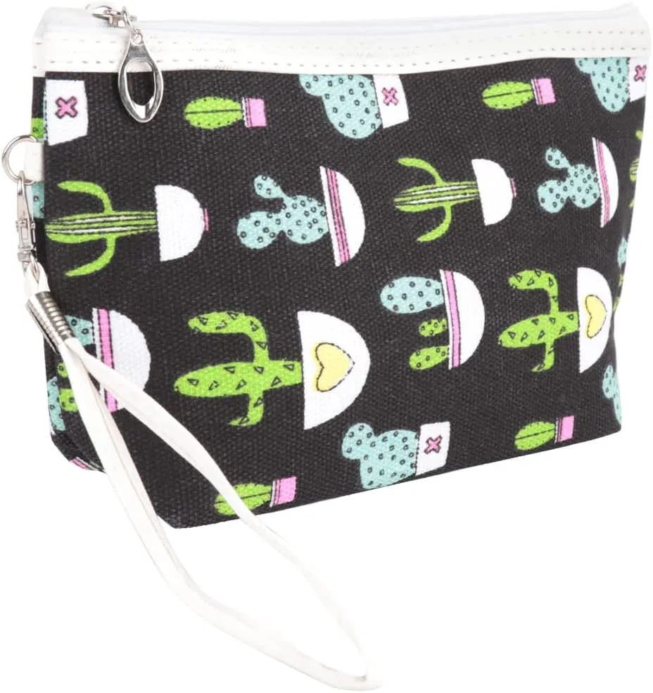 RIAH FASHION Portable Travel Clutch Cosmetic Makeup Pouch Bag - Toiletry Organizer Purse Wristlet Stripe, Floral, Plaid, Cork (Fabric Cosmetic Pouch - Cactus Black)