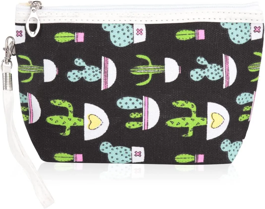 RIAH FASHION Portable Travel Clutch Cosmetic Makeup Pouch Bag - Toiletry Organizer Purse Wristlet Stripe, Floral, Plaid, Cork (Fabric Cosmetic Pouch - Cactus Black)