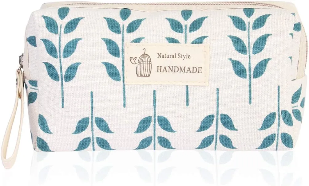 RIAH FASHION Portable Travel Clutch Cosmetic Makeup Pouch Bag - Toiletry Organizer Purse Wristlet Stripe, Floral, Plaid, Cork (Rectangle Pouch - Blue Leaf)
