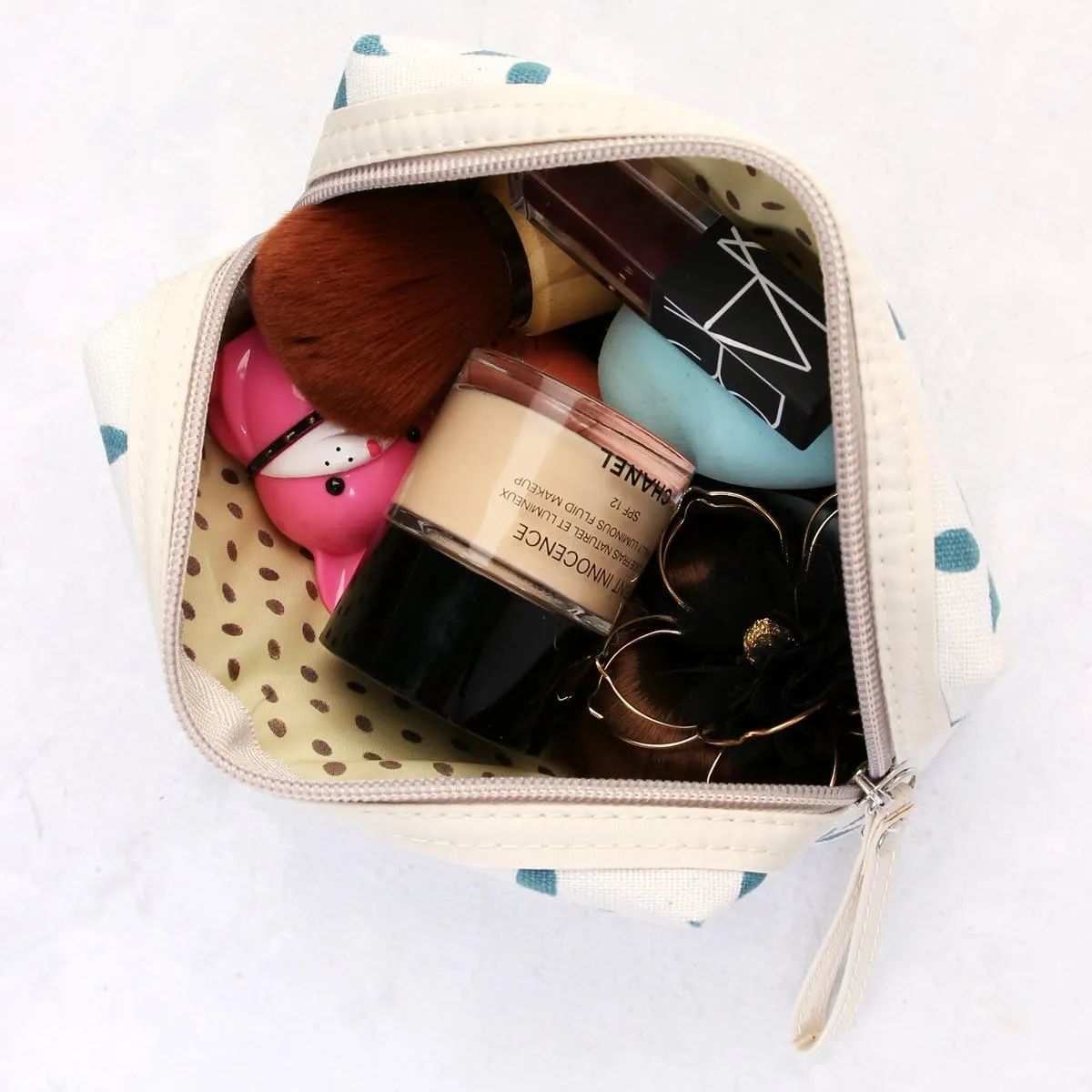 RIAH FASHION Portable Travel Clutch Cosmetic Makeup Pouch Bag - Toiletry Organizer Purse Wristlet Stripe, Floral, Plaid, Cork (Rectangle Pouch - Blue Leaf)