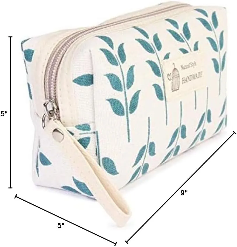 RIAH FASHION Portable Travel Clutch Cosmetic Makeup Pouch Bag - Toiletry Organizer Purse Wristlet Stripe, Floral, Plaid, Cork (Rectangle Pouch - Blue Leaf)