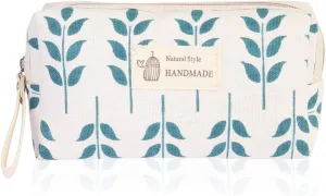 RIAH FASHION Portable Travel Clutch Cosmetic Makeup Pouch Bag - Toiletry Organizer Purse Wristlet Stripe, Floral, Plaid, Cork (Rectangle Pouch - Blue Leaf)