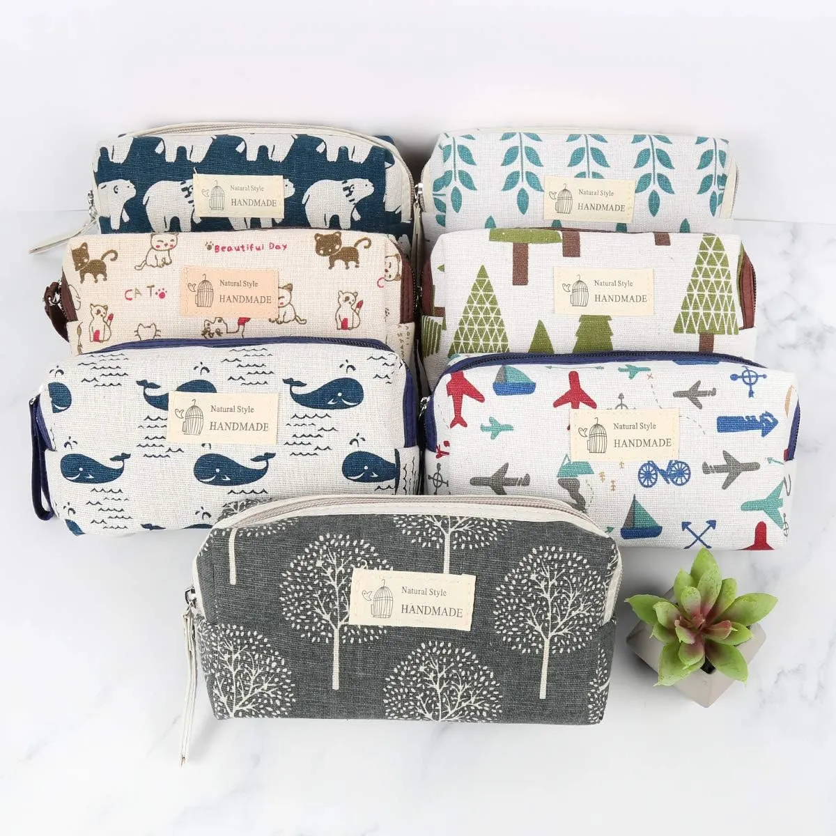 RIAH FASHION Portable Travel Clutch Cosmetic Makeup Pouch Bag - Toiletry Organizer Purse Wristlet Stripe, Floral, Plaid, Cork (Rectangle Pouch - Blue Leaf)