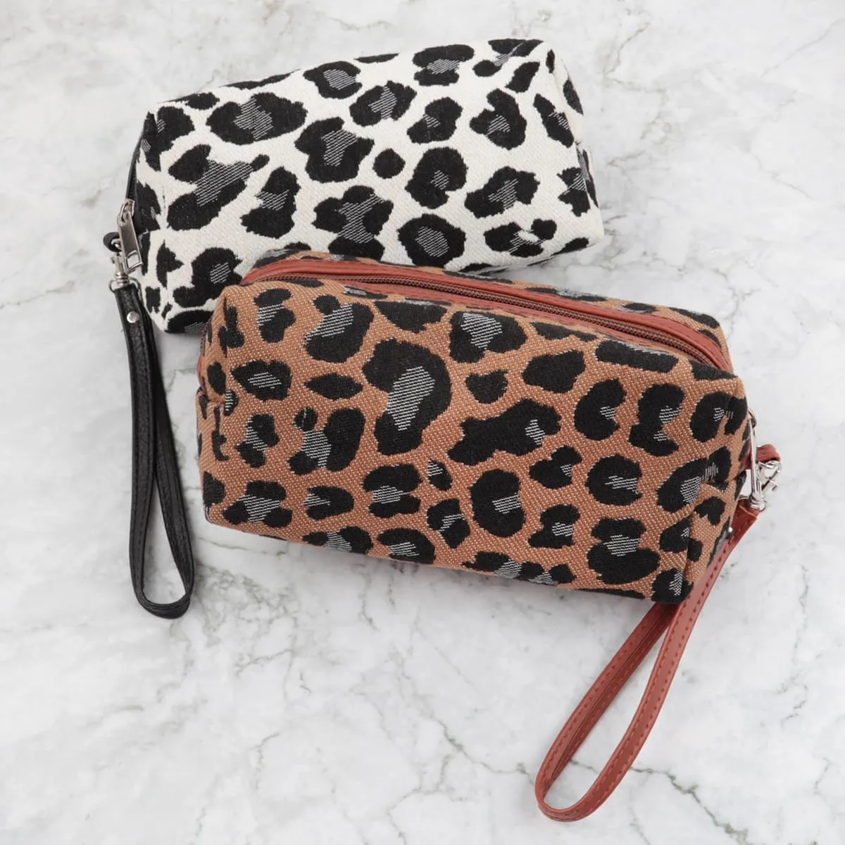RIAH FASHION Portable Travel Clutch Cosmetic Makeup Pouch Bag - Toiletry Organizer Purse Wristlet Stripe, Floral, Plaid, Cork (Rectangle Pouch - Leopard Black)