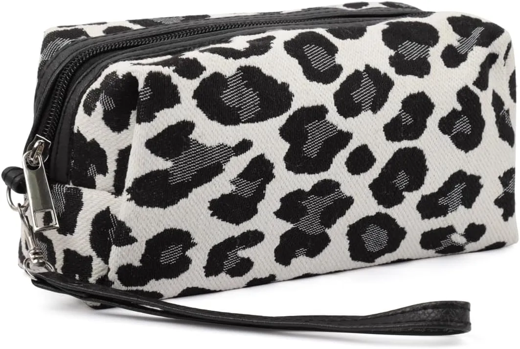 RIAH FASHION Portable Travel Clutch Cosmetic Makeup Pouch Bag - Toiletry Organizer Purse Wristlet Stripe, Floral, Plaid, Cork (Rectangle Pouch - Leopard Black)