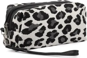 RIAH FASHION Portable Travel Clutch Cosmetic Makeup Pouch Bag - Toiletry Organizer Purse Wristlet Stripe, Floral, Plaid, Cork (Rectangle Pouch - Leopard Black)