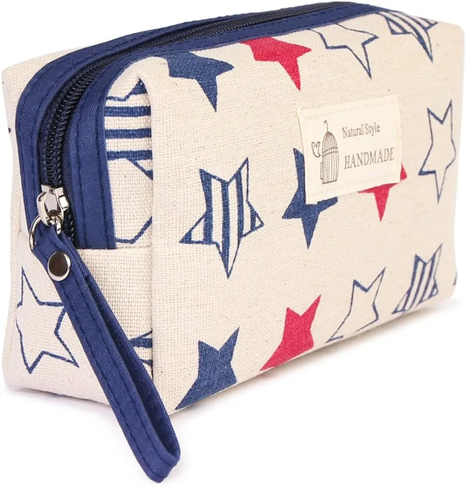 RIAH FASHION Portable Travel Clutch Cosmetic Makeup Pouch Bag - Toiletry Organizer Purse Wristlet Stripe, Floral, Plaid, Cork (Rectangle Pouch - Stars)