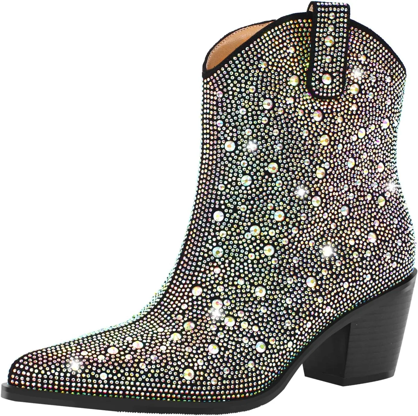 richealnini Womens Sexy Rhinestones Pointed Toe Block High Heel Ankle Boots
