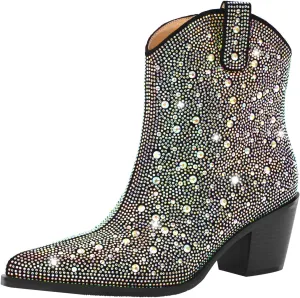 richealnini Womens Sexy Rhinestones Pointed Toe Block High Heel Ankle Boots