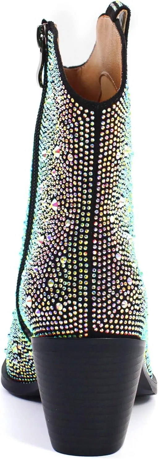 richealnini Womens Sexy Rhinestones Pointed Toe Block High Heel Ankle Boots