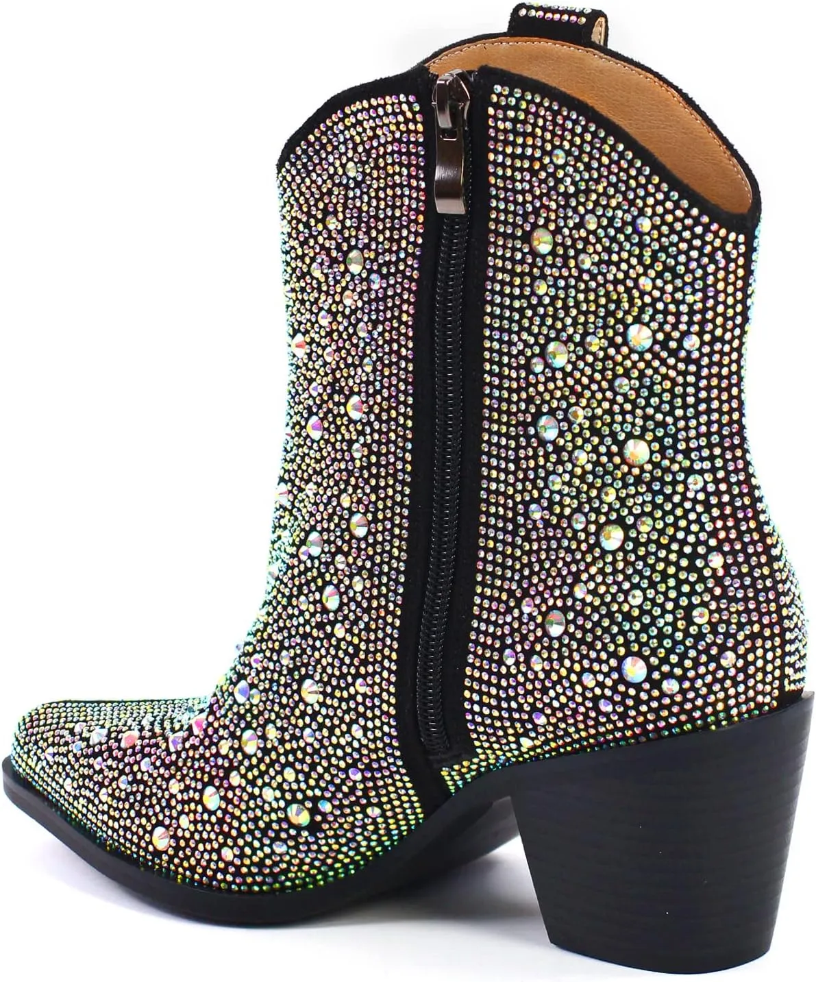 richealnini Womens Sexy Rhinestones Pointed Toe Block High Heel Ankle Boots