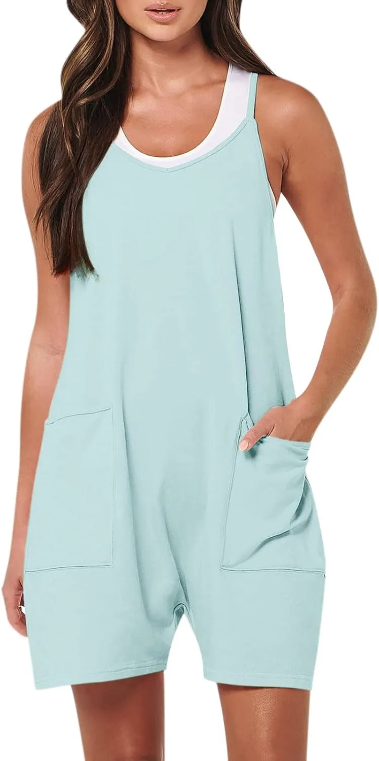 Rompers for Seniors Women Short Jumpsuits Summer Casual Sleeveless Adjustable Spaghetti Strap Rompers Pants Overalls