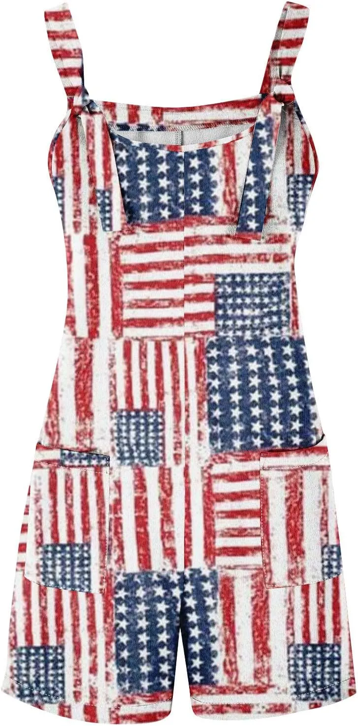 Rompers for Women Summer Short Casual Loose Sleeveless Adjustable Overalls 4th Of July Jumpsuits with Pockets 2025