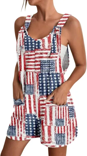Rompers for Women Summer Short Casual Loose Sleeveless Adjustable Overalls 4th Of July Jumpsuits with Pockets 2025