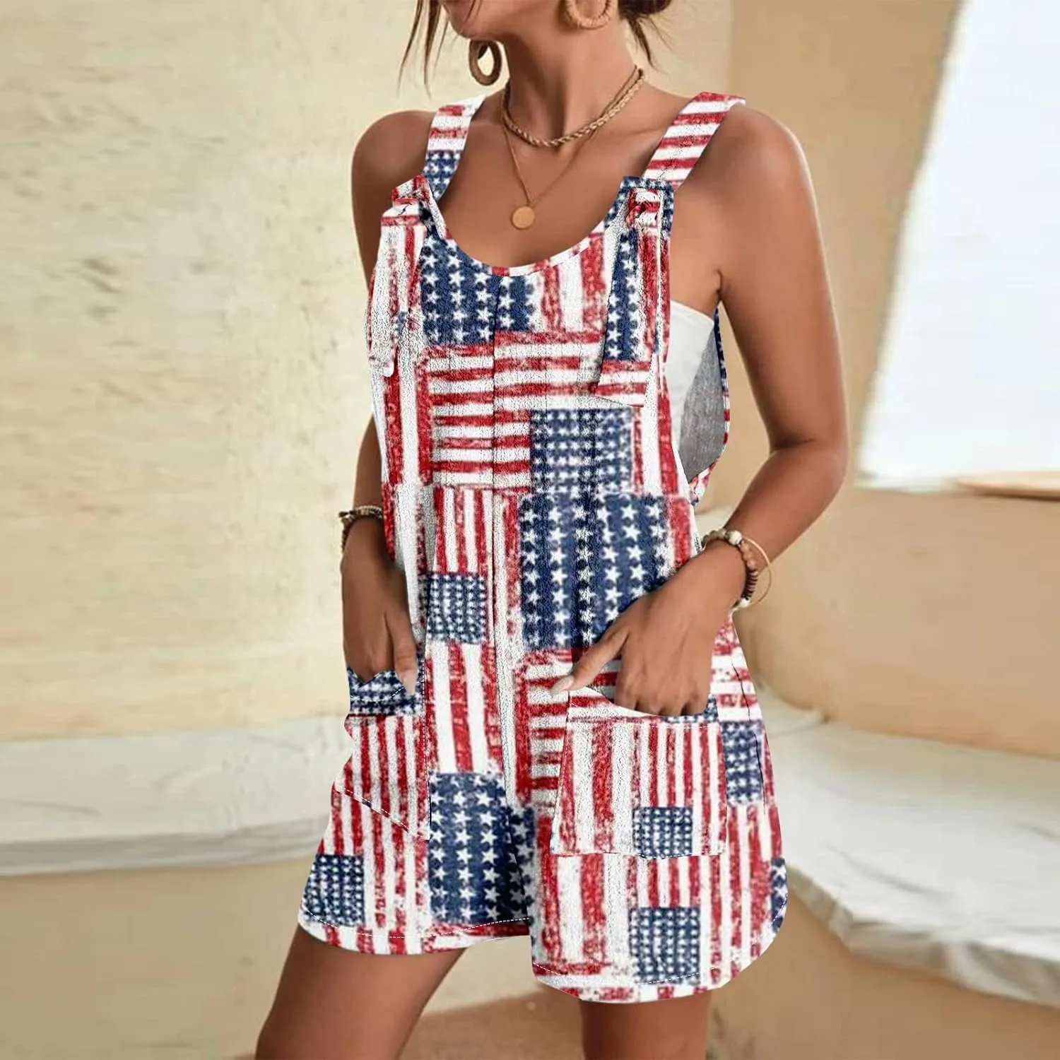 Rompers for Women Summer Short Casual Loose Sleeveless Adjustable Overalls 4th Of July Jumpsuits with Pockets 2025