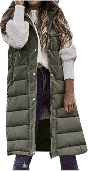 SACFOF Women's Long Puffer Vest Jacket Hoodies Full Zipper Sleeveless Down Coats Thickened Warm Down Windbreakers