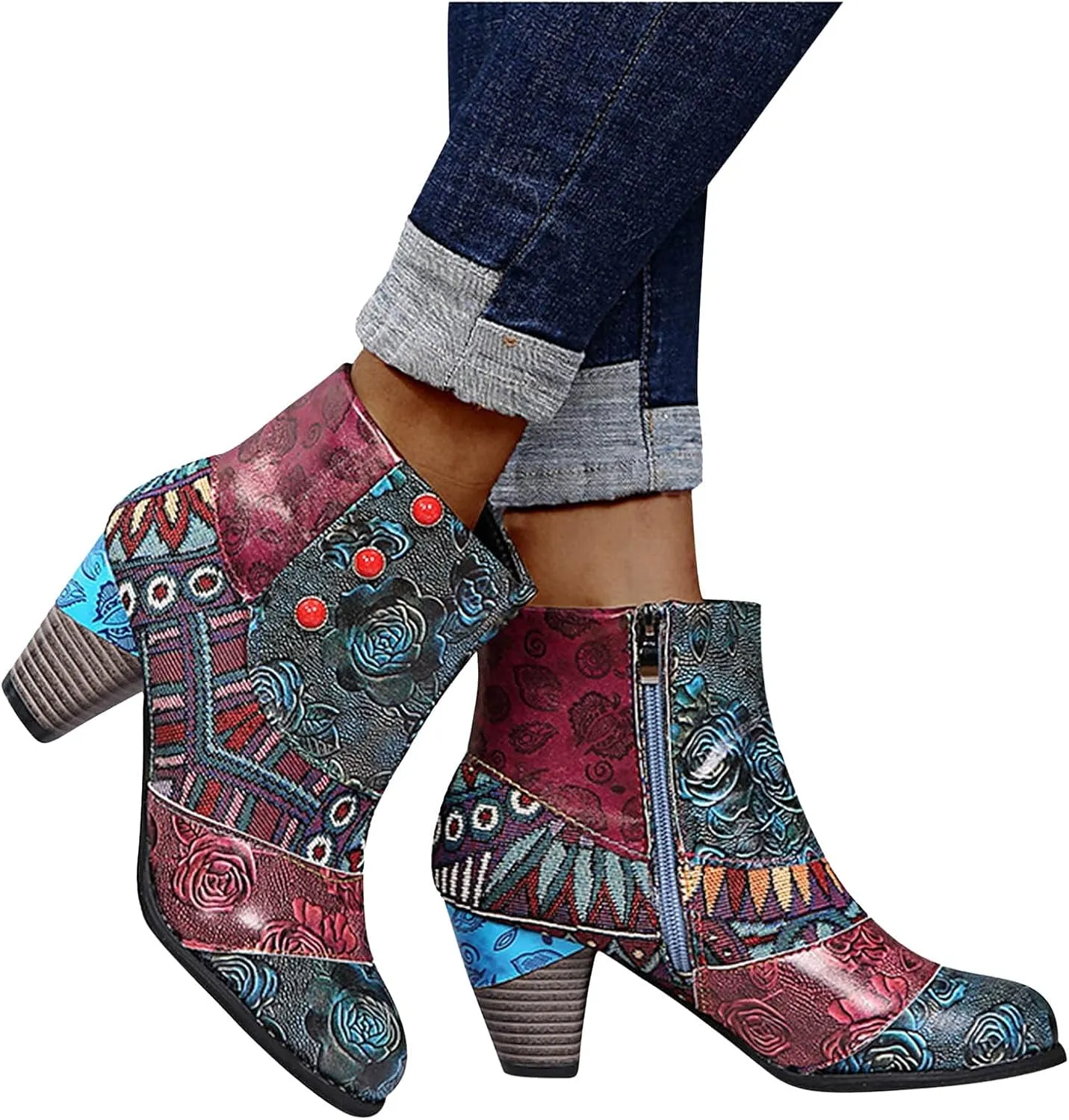 SBGMoSJ Women's Leather Ankle Boots Shoes Zipper Winter Booties Women Shoes Boots Ankle Heels Womens Ankle Boots Cutout Western Womens Short Brown Square Toe Cowboy Boots Ankle Boot Women Wide