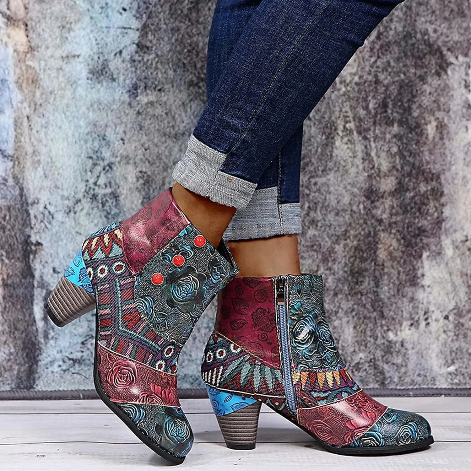 SBGMoSJ Women's Leather Ankle Boots Shoes Zipper Winter Booties Women Shoes Boots Ankle Heels Womens Ankle Boots Cutout Western Womens Short Brown Square Toe Cowboy Boots Ankle Boot Women Wide