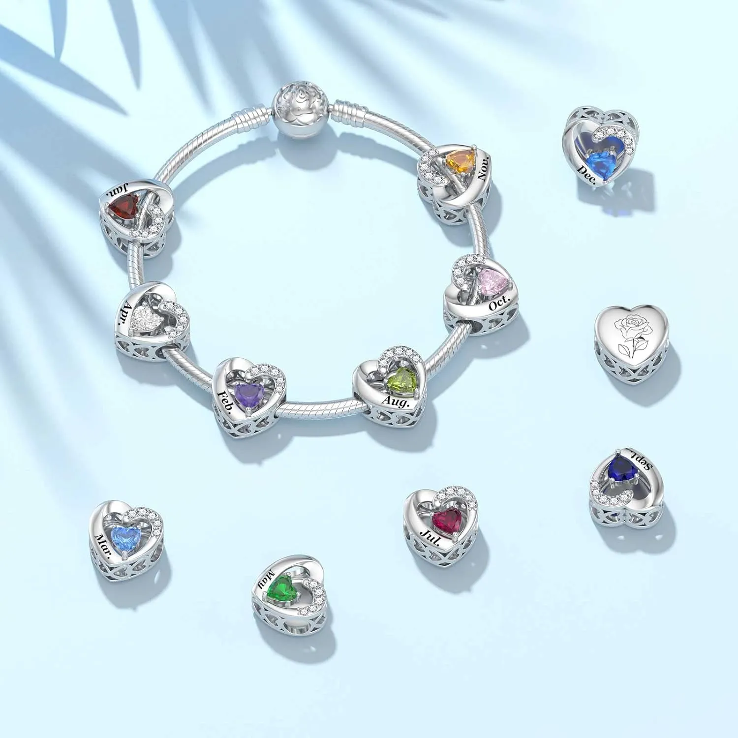 SEVENWELL Birthstone Charms with Birth Month Flower Engraved Fit Charms Bracelet 925 Sterling Silver Beads Charms Happy Birthday for Women