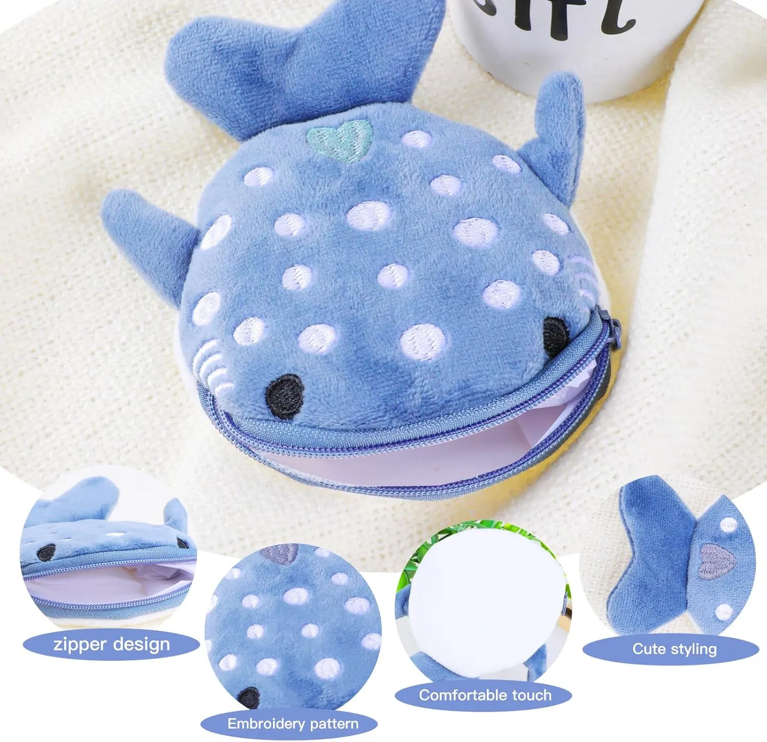 Shark Coin Purse Mini Cute Change Purses Small Cartoon Coin Pouch Funny Zipper Cosmetic Bag Earphone Wallet Small Items Bags for Women (Blue)